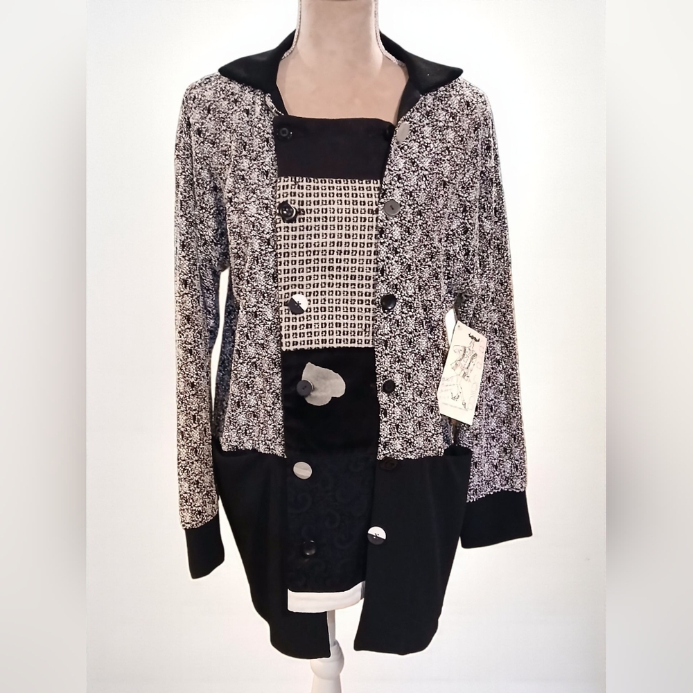 Vtg Donna Jessica Patchwork Art To Wear Womans Double Breasted Sweater Small